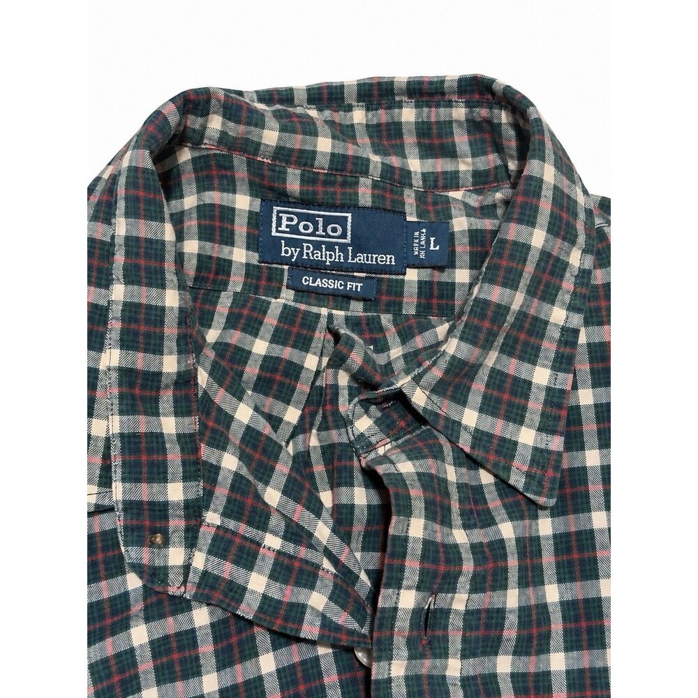 Polo Ralph Lauren Shirt Mens Large Classic Fit Green Plaid Long Sleeve Pockets